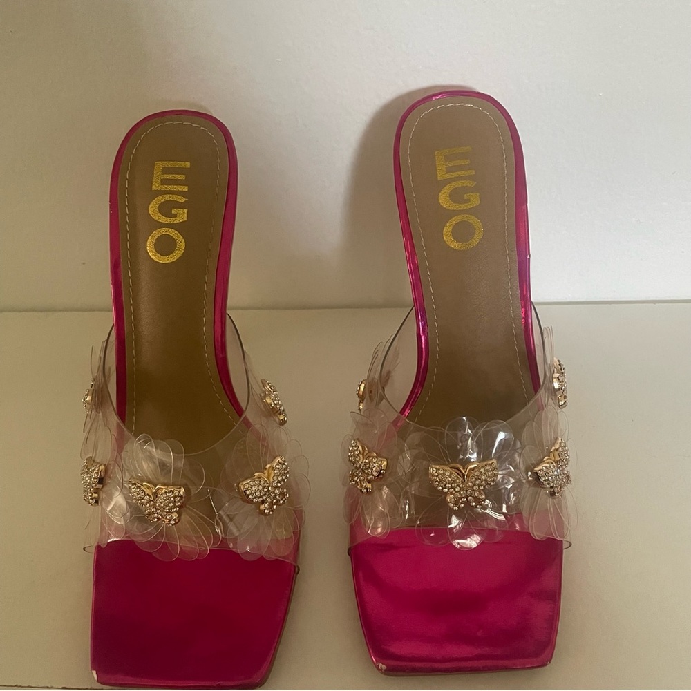 LuxeModa Fuchsia Diamond Butterfly Square Peep Toe Heel Clear Pump Mule size 4 - Picture 6 of 6